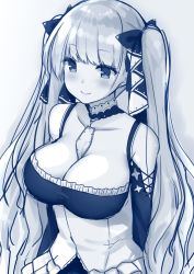 Rule 34 | 1girl, azur lane, bare shoulders, blue theme, bow, breasts, cleavage, collarbone, detached collar, dress, formidable (azur lane), hair bow, large breasts, long hair, long sleeves, md5 mismatch, monochrome, resolution mismatch, sei000, smile, solo, source larger, twintails, upper body
