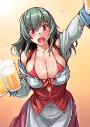 Rule 34 | 1girl, :d, alcohol, beer, beer mug, bikini, bikini top only, blush, breasts, cleavage, cowboy shot, cup, dirndl, german clothes, large breasts, long hair, looking at viewer, mug, oktoberfest, aged up, open mouth, red eyes, rozen maiden, silver hair, smile, solo, suigintou, swimsuit, tsuda nanafushi
