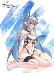 Rule 34 | 1girl, absurdres, ahoge, bare shoulders, barefoot, bikini, blue bikini, blue eyes, breasts, cleavage, commentary, commission, dragon girl, dragon horns, dragon wings, earrings, grey hair, highres, horns, jewelry, kouno (uiyoyo199), large breasts, long hair, looking at viewer, navel, original, pixiv commission, pointy ears, ponytail, sidelocks, sitting, solo, stitches, stomach, swimsuit, symbol-only commentary, thigh strap, thighs, wariza, wings