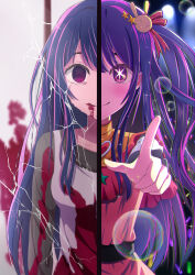 Rule 34 | 1girl, absurdres, before and after, blood, blood on face, blood stain, collarbone, commentary request, crack, cracked glass, crying, dress, empty eyes, fuli (user dxkx3245), hair ornament, highres, hoshino ai (oshi no ko), idol, long hair, long sleeves, oshi no ko, pointing, purple dress, purple hair, rabbit hair ornament, split screen, spoilers, star (symbol), star in eye, symbol-shaped pupils, symbol in eye