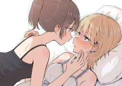 2girls absurdres betock black_camisole blonde_hair blush breasts brown_hair camisole commentary_request ear_piercing earrings eye_contact highres jewelry looking_at_another lying multiple_girls on_back original piercing pillow ponytail purple_eyes short_hair small_breasts sweat tears white_camisole yuri