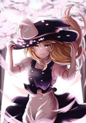 Rule 34 | 1girl, absurdres, black hat, black vest, blonde hair, bloom, bloomers, blurry, bow, cherry blossoms, chromatic aberration, closed mouth, commentary request, cowboy shot, hands on headwear, hat, hat bow, highres, kirisame marisa, light blush, long hair, looking at viewer, petals, puffy short sleeves, puffy sleeves, rinkaito1231, shirt, short sleeves, solo, standing, touhou, turtleneck, underwear, vest, white bloomers, white bow, white shirt, wind, witch hat, yellow eyes