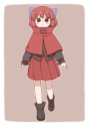 Rule 34 | 1girl, black shirt, blouse, boots, bow, brown background, capelet, closed mouth, commentary, hair bow, long sleeves, looking at viewer, pleated skirt, poronegi, purple bow, red capelet, red eyes, red hair, red skirt, sekibanki, shirt, short hair, simple background, skirt, smile, solo, standing, standing on one leg, touhou