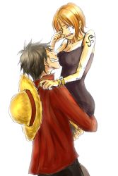 Rule 34 | 1boy, 1girl, bangle, black dress, black hair, bracelet, breasts, carrying, cleavage, crying, dress, closed eyes, hat, jewelry, log pose, maruhachi123, monkey d. luffy, nami (one piece), one piece, one piece: strong world, orange hair, red shirt, shirt, short hair, sketch, smile, stampede string, straw hat, tattoo, tears