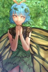 Rule 34 | 1girl, antennae, aqua hair, blush, butterfly wings, closed mouth, cowboy shot, dress, eternity larva, fairy, green dress, hair between eyes, highres, insect wings, leaf, leaf on head, looking at viewer, multicolored clothes, multicolored dress, short hair, shounen (hogehoge), single strap, smile, solo, touhou, wings, yellow eyes