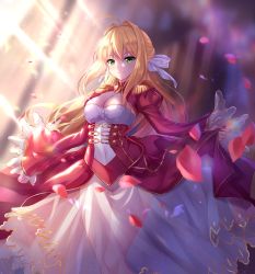 Rule 34 | 10s, 1girl, ahoge, blonde hair, braid, breasts, cleavage, clothes lift, corset, covered navel, dress, dress lift, epaulettes, fate/extra, fate/grand order, fate (series), french braid, green eyes, hair down, hair ribbon, half updo, heiyan shenshi, highres, juliet sleeves, leotard, light rays, long sleeves, looking at viewer, medium breasts, nero claudius (fate), nero claudius (fate) (all), nero claudius (fate/extra), petals, puffy long sleeves, puffy sleeves, red dress, ribbon, see-through, shrug (clothing), smile, solo, white leotard, white ribbon