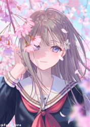 Rule 34 | 1girl, artist name, blonde hair, blue eyes, blue shirt, blue sky, blurry, blurry background, blush, braid, cherry blossoms, commentary request, flower, fukahire (ruinon), hair flower, hair ornament, hand up, long hair, long sleeves, looking at viewer, neckerchief, original, outdoors, parted lips, pink flower, red neckerchief, sailor collar, school uniform, serafuku, shirt, sky, smile, solo, tree, white sailor collar