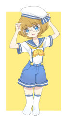 Rule 34 | 1girl, beret, blue eyes, brown hair, glasses, hands up, hat, highres, hiji rida, ichinose minori, looking at viewer, precure, sailor collar, sailor shirt, shirt, shorts, simple background, solo, thighhighs, tropical-rouge! precure, white thighhighs, yellow background