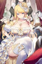 Rule 34 | 3girls, absurdres, bare shoulders, blonde hair, blue eyes, breasts, cleavage, closed mouth, crossed legs, detached sleeves, dress, earrings, flower, frilled skirt, frills, gloves, hair flower, hair ornament, high heels, highres, jewelry, large breasts, long hair, maid, mendou kusai, multiple girls, necklace, original, out of frame, sitting, skirt, smile, white dress, white footwear, white gloves, white legwear