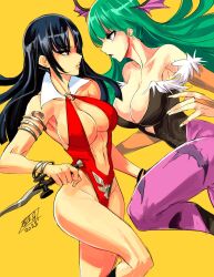 Rule 34 | 2girls, anchet7, animal print, armlet, bare shoulders, bat print, bat wings, black hair, blue eyes, bracelet, breasts, cleavage, clothing cutout, collarbone, commentary, crossover, dagger, english commentary, eye contact, from side, green hair, head wings, heart cutout, highleg, highres, holding, holding dagger, holding knife, holding weapon, jewelry, kneehighs, knife, large breasts, leg up, leotard, long hair, looking at another, morrigan aensland, multiple girls, navel, o-ring, pantyhose, parted lips, print pantyhose, purple pantyhose, red slingshot swimsuit, signature, slingshot swimsuit, socks, strapless, strapless leotard, swimsuit, vampire (game), vampirella, vampirella (character), weapon, wings, yellow background