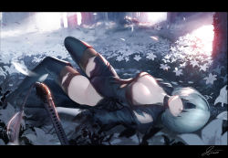 Rule 34 | 1girl, artist name, black footwear, black thighhighs, blindfold, boots, breasts, cleavage, closed mouth, commentary request, dress, flower, forest, hairband, lunar tear, lying, medium breasts, mole, mole under mouth, nature, nier:automata, nier (series), on back, outdoors, petals, puffy short sleeves, puffy sleeves, short hair, short sleeves, signature, siino, solo, sword, thigh boots, thighhighs, thighs, torn clothes, torn dress, torn thighhighs, weapon, white hair, 2b (nier:automata)