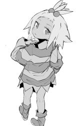 Rule 34 | 1girl, boots, creatures (company), ddari, dress, female focus, freckles, from behind, game freak, greyscale, hair bobbles, hair ornament, highres, looking back, monochrome, nintendo, pokemon, pokemon bw2, roxie (pokemon), solo, striped clothes, striped dress, topknot