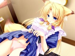 Rule 34 | 1girl, animal ears, blonde hair, blue eyes, blush, breasts, censored, cleavage, clothes lift, dutch angle, fox ears, fox tail, from below, inakoi, jewelry, kamishiro mutsuki, looking down, looking up, maid, navel, necklace, panties, pink panties, pussy juice, skirt, skirt lift, solo, tail, tenmaso, underwear
