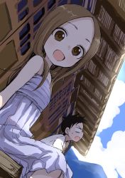 Rule 34 | 1boy, 1girl, :d, absurdres, bare shoulders, black hair, blue sky, brown eyes, brown hair, cloud, cloudy sky, commentary request, day, dress, dutch angle, forehead, highres, karakai jouzu no takagi-san, long hair, looking at viewer, looking to the side, mountain, nishikata, open mouth, outdoors, parted bangs, profile, shirt, short sleeves, sitting, sky, sleeveless, sleeveless dress, smile, sweat, takagi-san, v-shaped eyebrows, white dress, white shirt, yamamoto souichirou