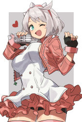 Rule 34 | 1girl, absurdres, ahoge, blue eyes, breasts, cropped jacket, dress, elphelt valentine, fingerless gloves, gazacy (dai), gloves, guilty gear, guilty gear strive, hairband, heart, highres, holding, holding microphone, jacket, large breasts, microphone, one eye closed, open clothes, open jacket, pink jacket, pink thighhighs, red dress, short hair, simple background, solo, spiked hairband, spikes, thighhighs, white hair
