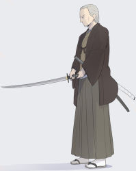 Rule 34 | 1boy, beard, commentary request, facial hair, fate (series), from side, full body, grey hair, hakama, hakama skirt, holding, holding sword, holding weapon, japanese clothes, katana, male focus, old, old man, shiseki hirame, short hair, simple background, skirt, solo, sword, tabi, weapon, white background, yagyuu munenori (fate)