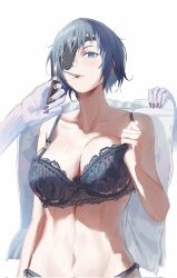 Rule 34 | 1girl, blue eyes, bra, breasts, chainsaw man, cleavage, dotthebot, eyepatch, highres, himeno (chainsaw man), lace, large breasts, navel, open clothes, panties, short hair, smoking, solo, underwear, upper body