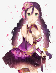 Rule 34 | 10s, 1girl, :o, alternate hairstyle, bare shoulders, braid, breasts, chinese clothes, cleavage, detached collar, flower, green eyes, grey background, hair flower, hair ornament, hair ribbon, hand to own mouth, highres, km (kyoma0), large breasts, long hair, looking at viewer, love live!, love live! school idol festival, love live! school idol project, purple hair, ribbon, skirt, solo, tojo nozomi, twin braids, twintails, twitter username