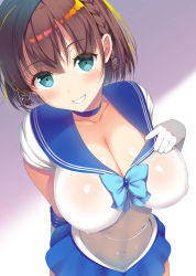 Rule 34 | 1girl, ai-chan (tawawa), arm behind back, asahina hikage, bishoujo senshi sailor moon, blue bow, blue choker, blue eyes, blue sailor collar, blue skirt, blush, bow, braid, breasts, brown hair, choker, cleavage, commentary request, cosplay, covered erect nipples, getsuyoubi no tawawa, gloves, grin, hair ornament, hairclip, hand on own chest, large breasts, looking at viewer, parted lips, sailor collar, sailor mercury, sailor mercury (cosplay), school uniform, serafuku, shiny skin, shirt, short hair, short sleeves, skin tight, skirt, smile, solo, standing, twin braids, white gloves, white shirt
