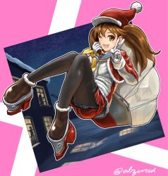 Rule 34 | 10s, 1girl, ;d, abazu-red, bell, black pantyhose, brown eyes, brown hair, gloves, hat, kantai collection, long hair, looking at viewer, machinery, one eye closed, open mouth, pantyhose, ryuujou (kancolle), santa hat, school uniform, serafuku, shorts, smile, solo, twintails, v, white gloves