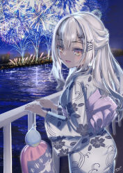 Rule 34 | 1girl, asobeco, breasts, fate/grand order, fate (series), fireworks, forked eyebrows, hair ornament, hairclip, highres, japanese clothes, kimono, long hair, long sleeves, looking at viewer, looking back, melusine (fate), night, night sky, open mouth, sidelocks, sky, small breasts, smile, solo, white hair, white kimono, wide sleeves, yellow eyes