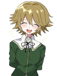 1boy :d black_ribbon blush brown_hair danganronpa:_trigger_happy_havoc danganronpa_(series) dress_shirt fujisaki_chihiro green_jacket highres jacket male_focus neck_ribbon notice_lines open_mouth ribbon shirt short_hair simple_background smile solo teeth todoroki_gk2 upper_body upper_teeth_only white_background