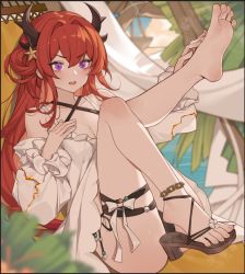 Rule 34 | 1girl, anklet, arknights, barefoot, breasts, cleavage, feet, foot up, hand on own foot, horns, jewelry, long hair, medium breasts, parted lips, purple eyes, red hair, sandals, shoe dangle, shoes, single sandal, single shoe, soles, solo, steam, surtr (arknights), thigh strap, toes, xssh