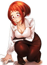 Rule 34 | 1girl, absurdres, adahcm, alternate costume, black footwear, black pantyhose, blush stickers, boku no hero academia, book, breasts, cleavage, collarbone, commentary request, glasses, highres, holding, holding book, large breasts, open mouth, pantyhose, pencil skirt, shirt, shoes, sidelocks, simple background, skirt, solo, uraraka ochako, white background, white shirt