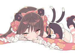 Rule 34 | 1girl, :d, animal ears, blade (galaxist), blush, brown hair, cat ears, cat tail, detached sleeves, gradient hair, hairband, heart, heart-shaped pupils, japanese clothes, kimono, long sleeves, looking at viewer, lying, motion lines, multicolored hair, multiple tails, nekomata, nekoyama nae, obi, on stomach, open mouth, orange eyes, pink thighhighs, sash, smile, solo, striped clothes, striped thighhighs, symbol-shaped pupils, tail, thighhighs, toranoana, two tails, virtual youtuber, white background