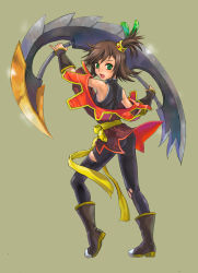 Rule 34 | 00s, 1girl, ass, boots, brown hair, green eyes, nan (tales), open mouth, pikohan, short hair, side ponytail, spandex, tales of (series), tales of vesperia, torn clothes, weapon