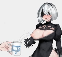 Rule 34 | 1girl, 2b (nier:automata), black blindfold, black dress, black gloves, black hairband, blindfold, blush, breast milk, breasts, cleavage, cleavage cutout, clothing cutout, commentary, covered eyes, cup, dress, english commentary, feather-trimmed sleeves, feather trim, gloves, godekasu, hairband, highres, holding, holding cup, juliet sleeves, lactating into container, lactation, long sleeves, milk, mole, mole under mouth, mug, nier:automata, nier (series), nipples, one breast out, projectile lactation, puffy sleeves, short hair, silver hair, thighs