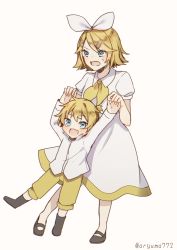Rule 34 | aged down, annoyed, aryuma772, ascot, black footwear, blonde hair, blue eyes, blush, bow, brother and sister, carrying, child, child carry, dress, evillious nendaiki, fang, gretel (evillious nendaiki), hair ornament, hairclip, hansel (evillious nendaiki), highres, holding hands, kagamine len, kagamine rin, lifting person, mary janes, neckerchief, open mouth, pants, shirt, shoes, siblings, skin fang, sweatdrop, twins, vocaloid, white bow, white dress, white shirt, yellow ascot, yellow neckerchief, yellow pants
