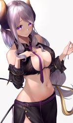 Rule 34 | 1girl, nanashi inc., absurdres, bare shoulders, belt, belt buckle, black skirt, breasts, buckle, cleavage, closed mouth, commentary request, cowboy shot, crop top, detached sleeves, front-tie top, hand on own chest, highres, holding, honey strap, horns, huge filesize, large breasts, long hair, long sleeves, looking at viewer, mole, mole under eye, mugichapossible, necktie, open clothes, pointy ears, purple eyes, purple hair, purple necktie, saionji mary, side slit, sidelocks, simple background, skirt, smile, solo, swept bangs, tail, very long hair, virtual youtuber, white background