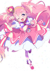 1girl blush bow brooch commentary crown cure_wonderful dress full_body heart heart_brooch highres inukai_komugi jewelry long_hair looking_at_viewer magical_girl one_eye_closed open_mouth paru_rari pink_dress pink_eyes pink_hair precure puffy_short_sleeves puffy_sleeves short_sleeves simple_background smile solo standing standing_on_one_leg twitter_username watermark watermark_grid white_background wonderful_precure!