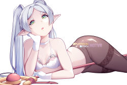Rule 34 | 1girl, bare shoulders, black pantyhose, bra, breasts, choker, commentary, elf, english commentary, frieren, gloves, green eyes, hikimayu, hot vr, long hair, looking at viewer, lying, on stomach, open mouth, panties, panties under pantyhose, pantyhose, pointy ears, small breasts, solo, sousou no frieren, staff, thighband pantyhose, twintails, underwear, underwear only, white bra, white gloves, white hair, white panties