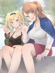 Rule 34 | 2girls, :d, bare shoulders, beatrix (granblue fantasy), black hairband, blonde hair, blue eyes, blue jacket, braid, breasts, brown eyes, brown hair, cleavage, contemporary, earrings, granblue fantasy, green jacket, hair intakes, hairband, jacket, jacket on shoulders, jewelry, large breasts, long sleeves, miniskirt, multiple girls, necklace, open mouth, ponytail, red skirt, renzu (lens 02), shirt, sitting, skirt, smile, stud earrings, swept bangs, tank top, twintails, v, watch, white shirt, wristwatch, zeta (dark) (granblue fantasy), zeta (granblue fantasy)