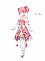 Rule 34 | 1girl, alternate costume, arms at sides, bare shoulders, bow, character name, circlet, closed mouth, collarbone, dress, du mogu, elbow gloves, full body, gem, gloves, hair bow, highres, jewelry, kaname madoka, layered dress, looking at viewer, mahou shoujo madoka magica, mahou shoujo madoka magica (anime), necklace, off-shoulder dress, off shoulder, pink dress, pink hair, red bow, red eyes, red footwear, short hair, simple background, smile, solo, standing, tareme, thighhighs, two side up, whishoes, white background, white gloves, zettai ryouiki