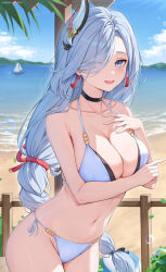 Rule 34 | 1girl, absurdres, braid, genshin impact, highres, long hair, looking at viewer, open mouth, outdoors, rosumerii, shenhe (genshin impact), smile, solo, swimsuit, white hair