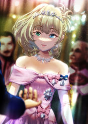 Rule 34 | 1girl, bare shoulders, blonde hair, blue eyes, blurry, blurry background, blurry foreground, bow, dress, dress bow, earrings, elbow gloves, glint, gloves, green eyes, harutaro nico, heterochromia, highres, idolmaster, idolmaster cinderella girls, indoors, jewelry, long hair, looking at viewer, necklace, off-shoulder dress, off shoulder, pink bow, pink dress, roman holiday, standing, takagaki kaede, tiara