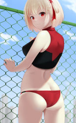 Rule 34 | 1girl, ass, back, bikini, blonde hair, breasts, butt crack, chain-link fence, closed mouth, fence, hair ribbon, highres, large breasts, looking at viewer, looking back, lycoris recoil, nishikigi chisato, outdoors, red eyes, red ribbon, revision, ribbon, run sho, short hair, solo, sports bikini, swimsuit, v-shaped eyebrows