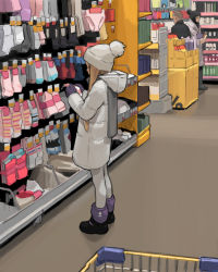 Rule 34 | 1girl, beanie, black footwear, blonde hair, boots, child, coat, commentary, from side, gloves, grey scarf, hat, highres, holding, hood, hood down, indoors, long hair, luimiart, original, pantyhose, purple gloves, scarf, shop, shopping cart, socks, solo focus, standing, symbol-only commentary, white coat, white pantyhose, winter clothes, winter coat