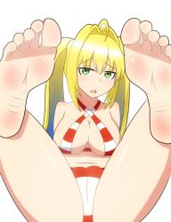 Rule 34 | 1girl, ahoge, barefoot, bikini, blonde hair, d:, earrings, fate/grand order, fate (series), feet, feet up, foot focus, green eyes, highres, jewelry, nero claudius (fate), nero claudius (fate) (all), nero claudius (fate/extra), nero claudius (swimsuit caster) (fate), open mouth, simple background, soles, swimsuit, toes, twintails
