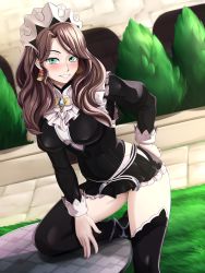 Rule 34 | 1girl, absurdres, alternate costume, apron, breasts, bridal gauntlets, brown hair, clitoris, dorothea arnault, earrings, enmaided, fire emblem, fire emblem: three houses, fire emblem fates, green eyes, hand on own hip, highres, jewelry, large breasts, long hair, maid, maid headdress, nintendo, no panties, pussy, pussy peek, table, thighhighs, tree, vilde loh hocen