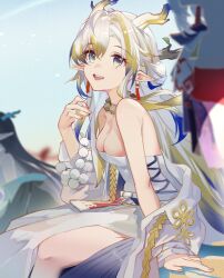 Rule 34 | 3girls, arknights, bare shoulders, beads, blonde hair, blue hair, breasts, cleavage, commentary request, dragon girl, dragon horns, dress, dusk (arknights), earrings, eyeliner, feet out of frame, hand up, horns, jacket, jewelry, long hair, looking at viewer, makeup, multicolored hair, multiple girls, nian (arknights), open mouth, out of frame, pointy ears, red eyeliner, samele otaku, shu (arknights), sitting, smile, solo focus, strapless, strapless dress, tassel, tassel earrings, very long hair, white dress, white hair, white jacket