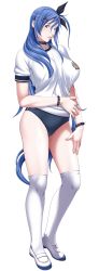 Rule 34 | 1girl, blue hair, blush, bracelet, breasts, buruma, feet, game cg, gym uniform, hair ornament, hair ribbon, hairclip, highres, ikazaki reia, jewelry, large breasts, legs, long hair, looking at viewer, p/a: potential ability, ribbon, ring, sei shoujo, shoes, simple background, solo, spiked bracelet, spikes, thighhighs, thighs, very long hair, white thighhighs, yellow eyes