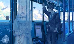Rule 34 | 1boy, 1girl, absurdres, arm up, backpack, bag, black hair, black jacket, black pants, black suit, blue eyes, blue necktie, blue sky, blue theme, blunt bangs, bright pupils, bus interior, clenched hand, cloud, collared shirt, commentary, dress, feet out of frame, fish, flying whale, formal, frilled sleeves, frills, from side, handlebar, highres, ivelovedsekaowa, jacket, jellyfish, long hair, long sleeves, neck ribbon, necktie, original, own hands together, pants, ribbon, shirt, short hair, sky, standing, straight hair, suit, surreal, transparent, v arms, whale, white dress, white hair, white pupils, white shirt, window