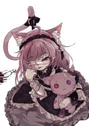 Rule 34 | :3, ahoge, animal ears, black dress, black ribbon, blood, braid, button eyes, buttons, cat ears, cat tail, clenched hand, collar, corpse, dress, eyepatch, fang, frilled collar, frilled skirt, frilled straps, frills, hair ribbon, heterochromia, highres, indie virtual youtuber, isnaxc, licking, licking finger, licking lips, mikeneko (vtuber), mikeneko (vtuber) (1st costume), pon-chan (mikeneko), purple eyes, red eyes, ribbon, simple background, sketch, skirt, tail, tongue, tongue out, virtual youtuber, white background