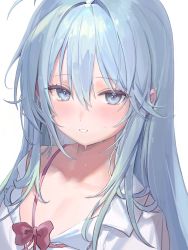 Rule 34 | 1girl, absurdres, ahoge, bare shoulders, blue eyes, blue hair, blush, bow, collarbone, denpa onna to seishun otoko, dress, expressionless, freng, hair between eyes, hair intakes, highres, long hair, off-shoulder dress, off shoulder, parted lips, red bow, simple background, solo, sweat, teeth, touwa erio, upper body, white background