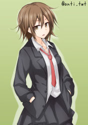 Rule 34 | 10s, 1girl, aged up, anti (untea9), black skirt, blazer, brown eyes, brown hair, cowboy shot, green background, hands in pockets, highres, jacket, kantai collection, long sleeves, looking at viewer, necktie, open clothes, open mouth, pantyhose, pleated skirt, red necktie, shirt, short hair, simple background, skirt, solo, standing, twitter username, wakaba (kancolle), white shirt