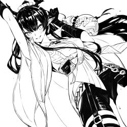 Rule 34 | 1girl, arknights, arm up, blush, breasts, dragon horns, dutch angle, earrings, elbow gloves, gloves, gluteal fold, gourd, greyscale, grin, highres, horns, jewelry, korean commentary, ling (arknights), long hair, looking at viewer, medium breasts, monochrome, pointy ears, ponytail, shirt, short shorts, shorts, sidelocks, simple background, smile, solo, standing, su-85 (su 85), sweat, sweatdrop, tassel, tassel earrings, thigh strap, upper body, white background